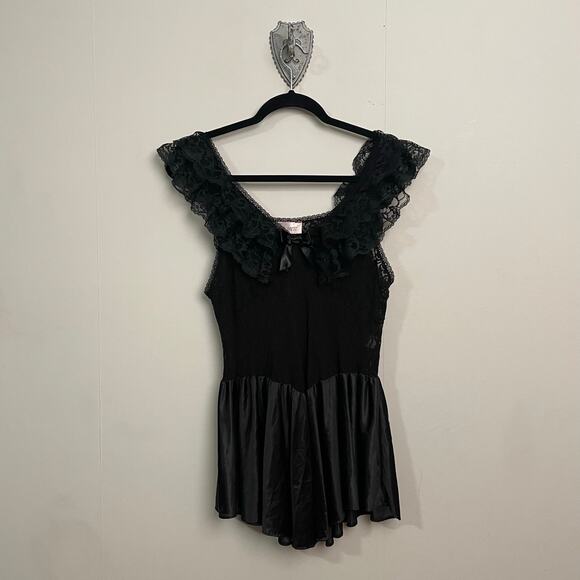 Vintage L sheer black micro mini chemise lace goth ballet core dark romance - Picture 1 of 8